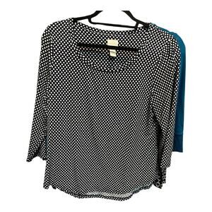 Chico’s Women’s 1 Navy Scoop Neck Cream Polka Dot 3/4 Sleeve Loose Tunic Top